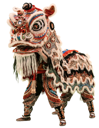 Traje ornamental de la danza del león chino con detalles en blanco, rojo y dorado, una de las tradiciones culturales más importantes de China.